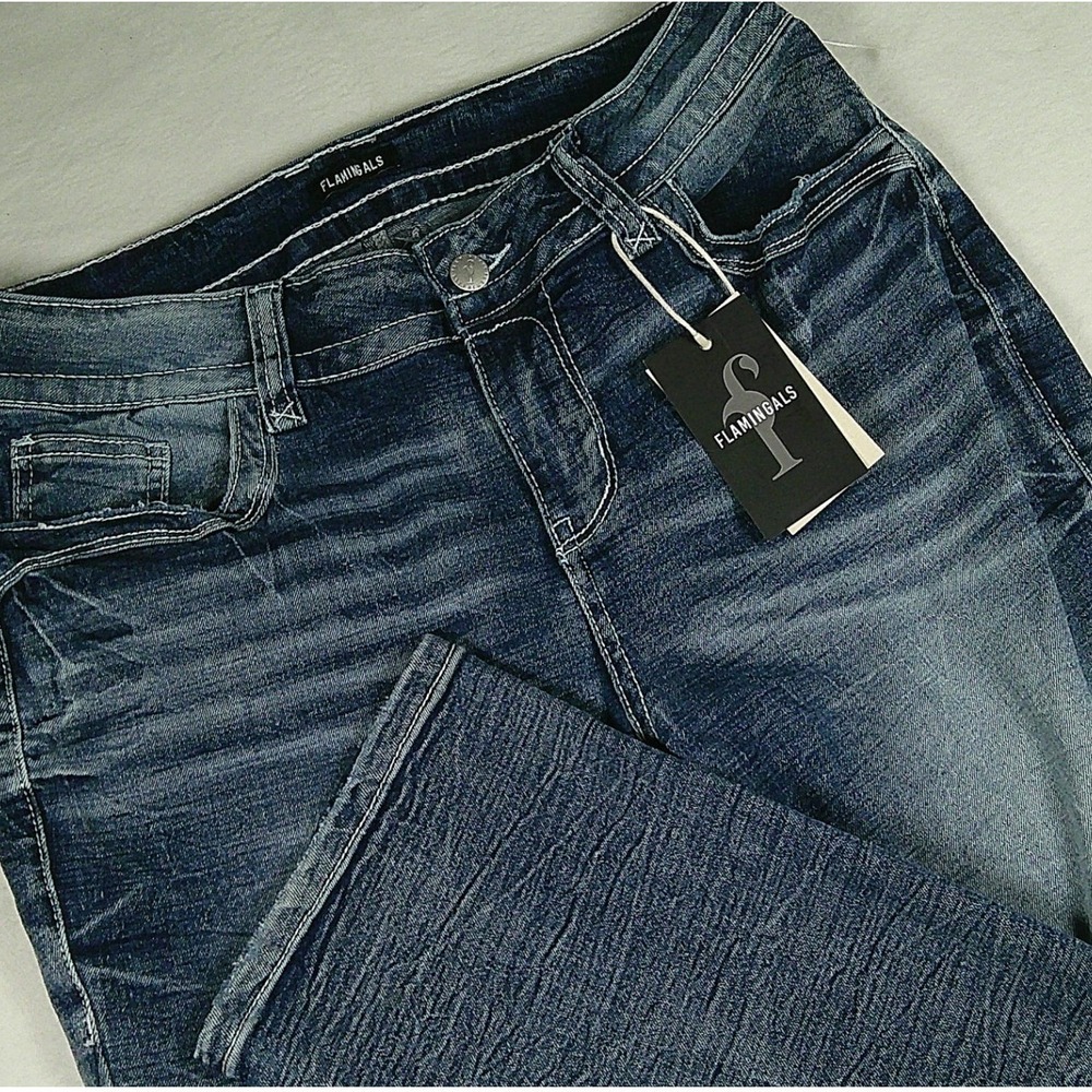 Flamingals Womens Dark Wash Bootcut Jeans Size M Whiskered Stretch Denim 73295